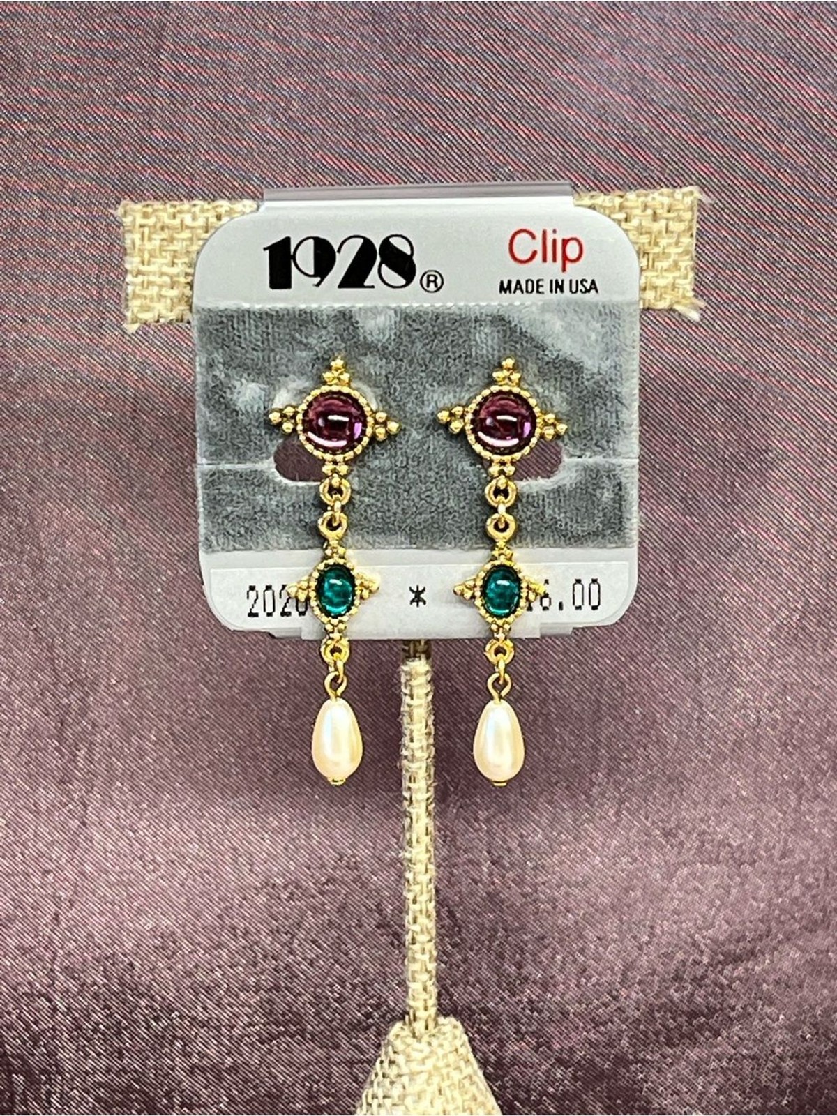 1928 Clip-On Earrings NWT Gold Tone Faux Pearl Cabochon Dangle Earrings Vintage