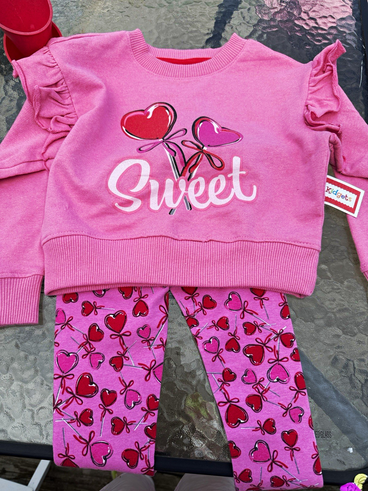 Kidgets Girls 3T 2pc Pink/Red Heart Sweatshirt & Pants Set Long Sleeve Ruffle