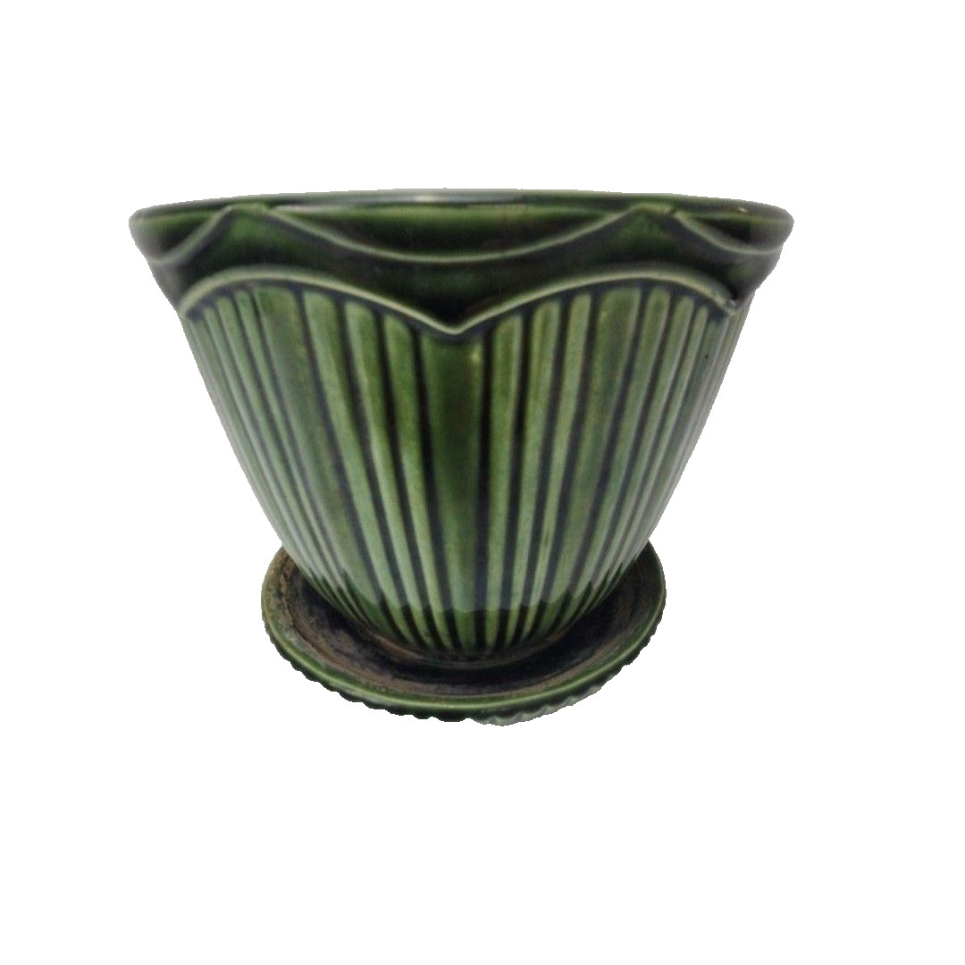 Vintage McCoy Green Striped Round Planter Ceramic Art Pottery 636 USA Decor