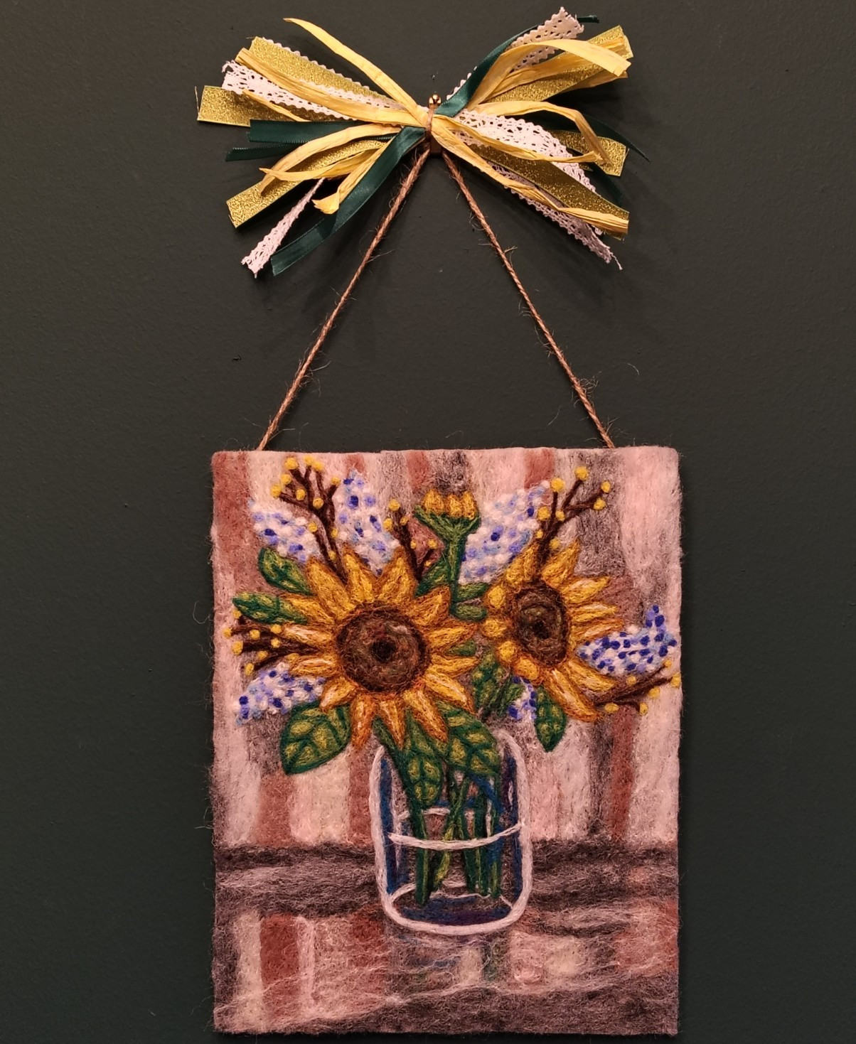 Handmade 2D Needle Felted Sunflowers in Jar 8x10 Wall Hanging Handmade 2D Needle Felted Sunflowers in Jar 8x10 Wall Hanging