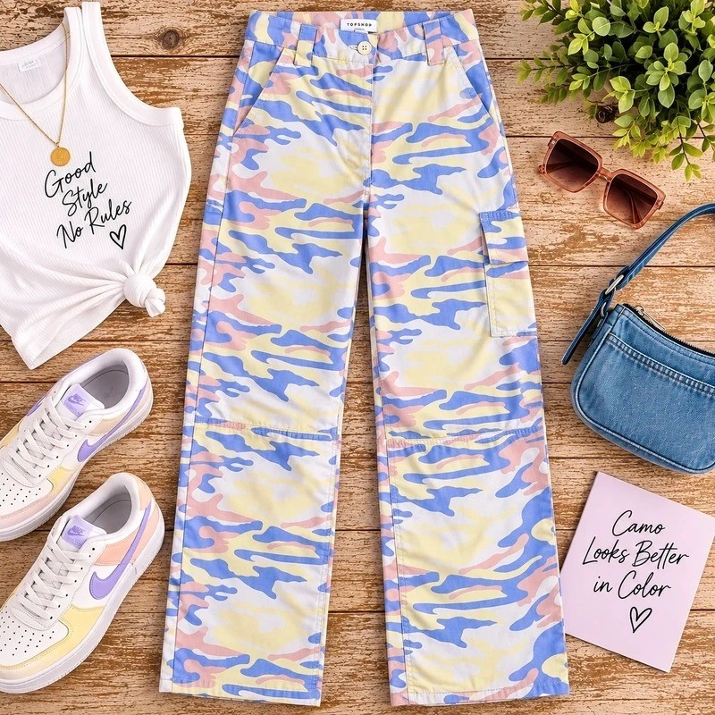 Topshop US 4 Pastel Camo Cargo Pants Pink Purple Yellow Utility Y2K
