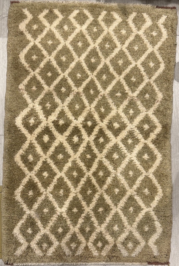 Moroccan Vintage Rug 2’1” X 3’5” — 1940s Antique Mat With High Pile — Olive Moroccan Vintage Rug 2’1” X 3’5” — 1940s Antique Mat With High Pile — Olive