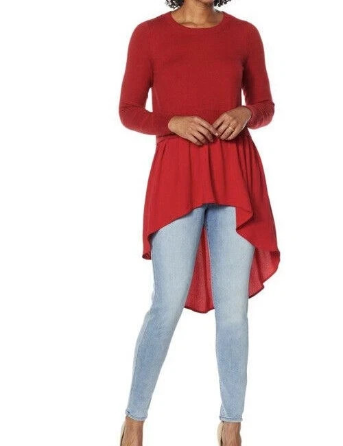 DG2 Diane Gilman Combo Sweater With Hi Low Chiffon Hem Red L