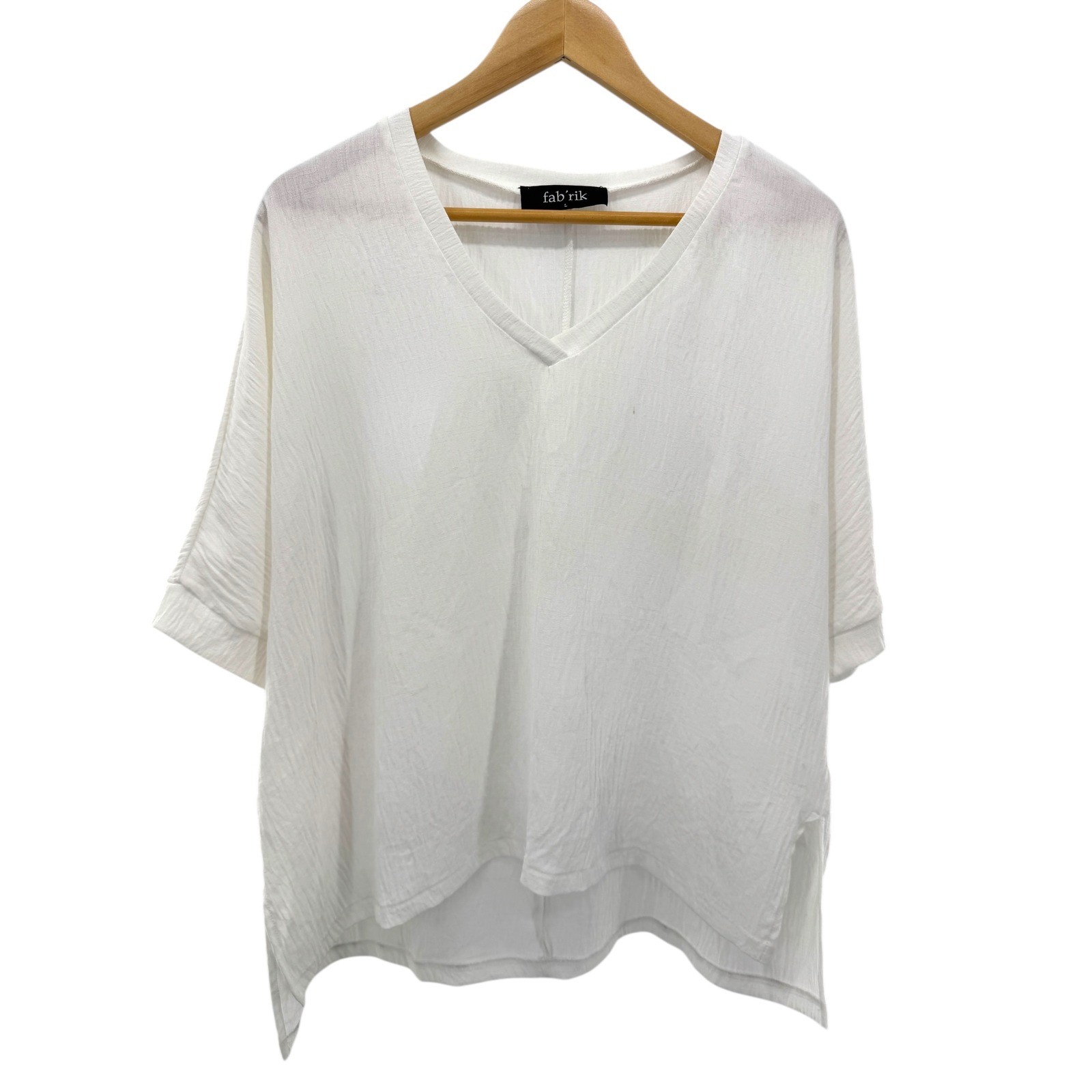 fab\'rik White Textured V-Neck Oversized Blouse Top High Low Hem Boxy Dolman L