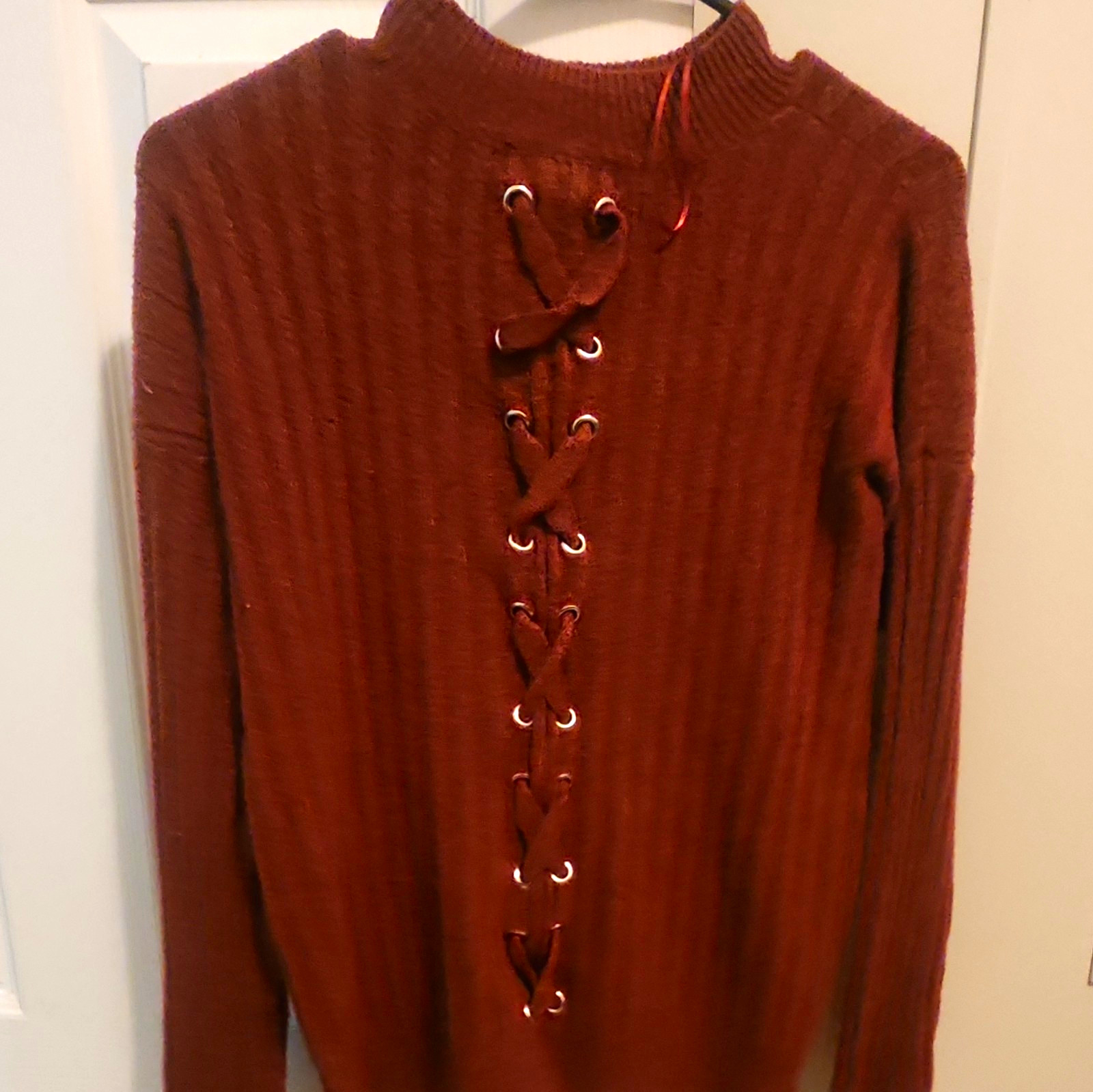 Pink Republic Women’s L Brown Rib-Knit Lace-Up Mock Neck Pullover Sweater