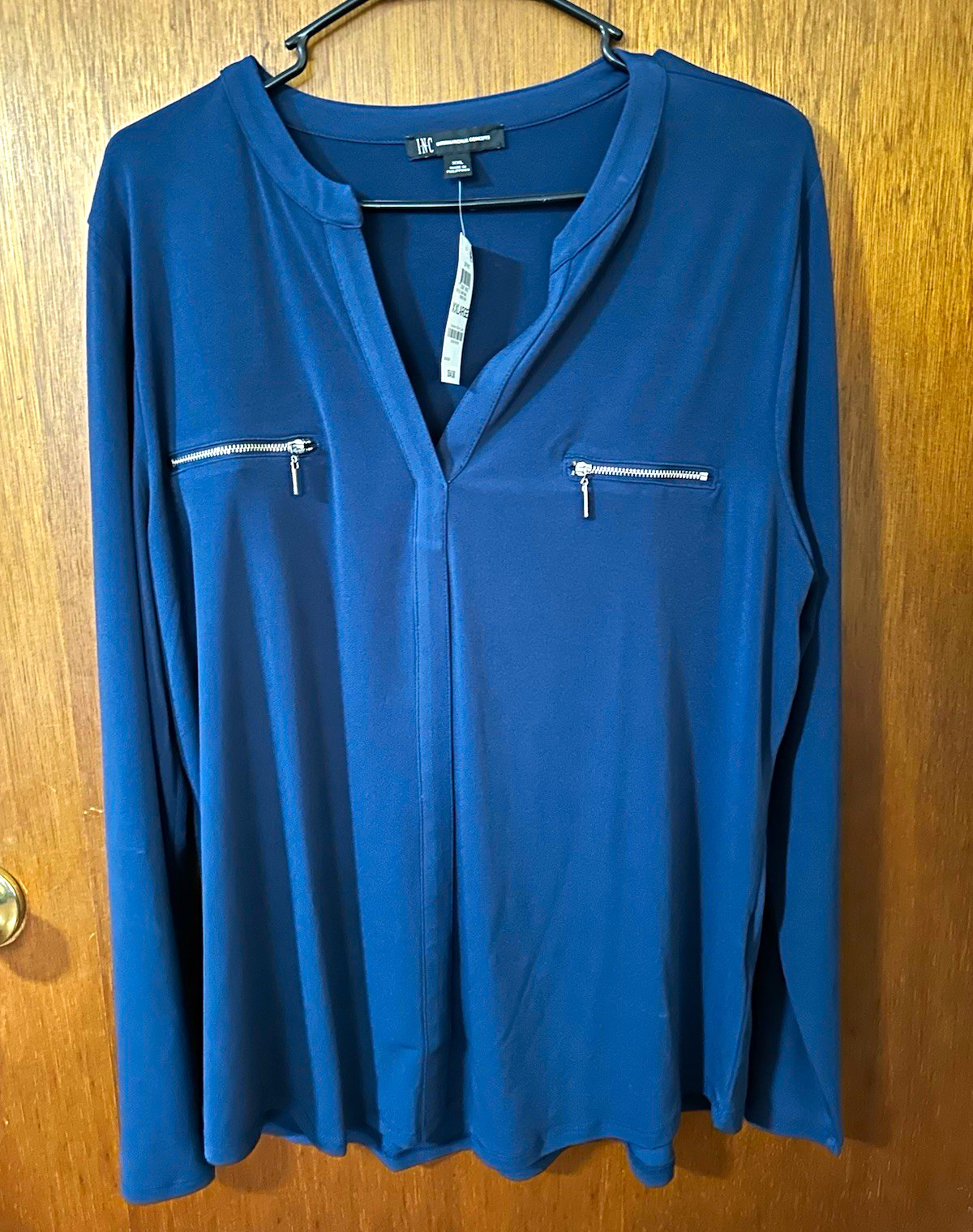 INC International Concepts Women\'s 2XL Blue V-Neck Long Sleeve Blouse Zip