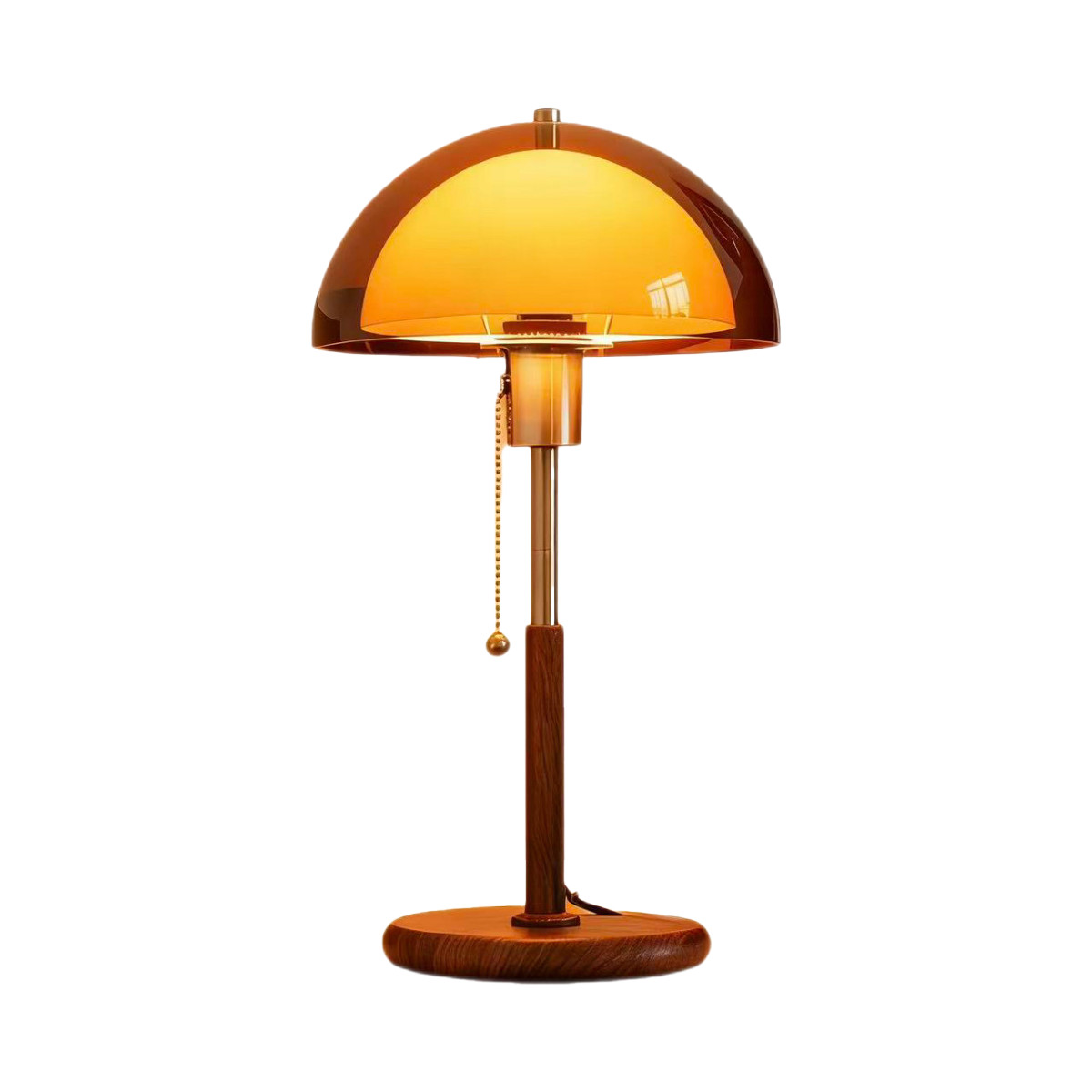 Mid Century Modern Mushroom Table Lamp Amber Shade Metal Wood Grain Bedside Ligh