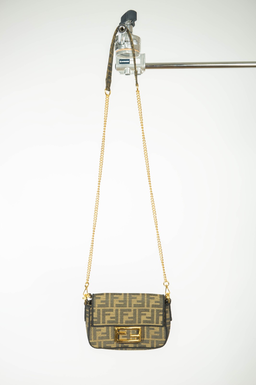 Fendi Zucca Monogram Mini Crossbody Brown Shoulder Bag Gold Chain Italy