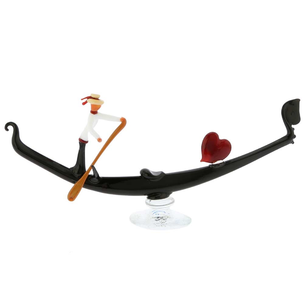 Glass Of Venice Murano Glass Black Gondola with Gondolier and Red Heart 8 Inch -