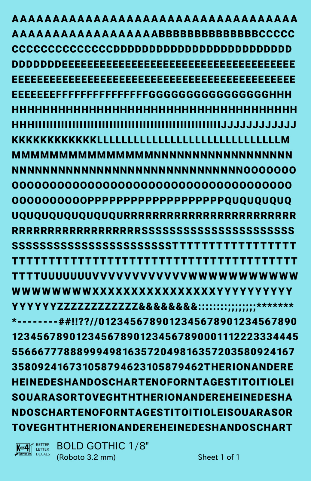 K4 HO Scale Water Slide Decals Black 1/8 Inch Bold Gothic Letter Number Alphabet