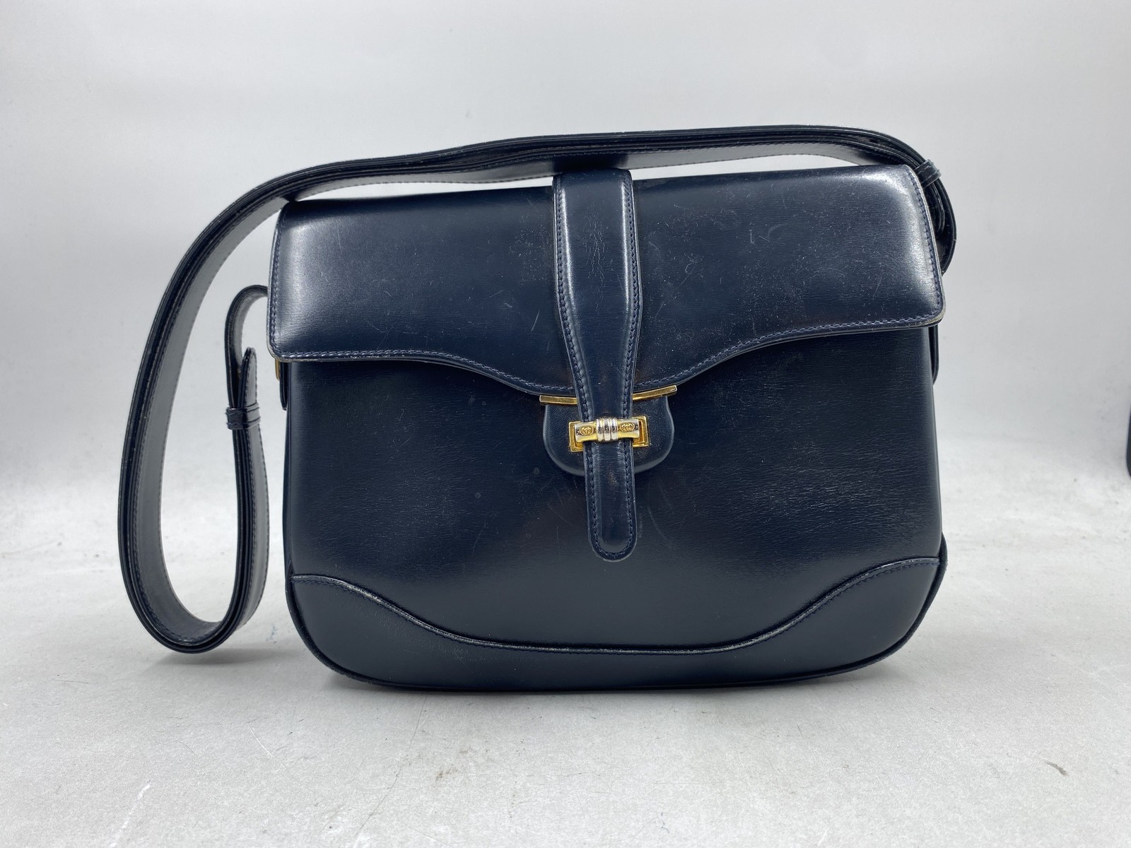 Vintage 80s Gucci Navy Blue Leather Flap Shoulder Bag Two Tone Hardware