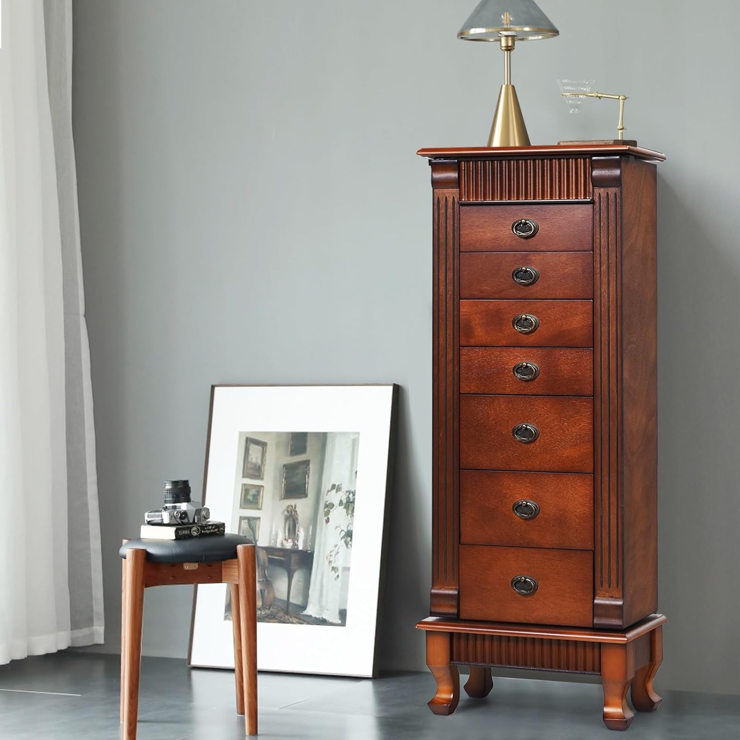 Wooden Standing Jewelry Cabinet Armoire Storage Box Chest Stand Organizer