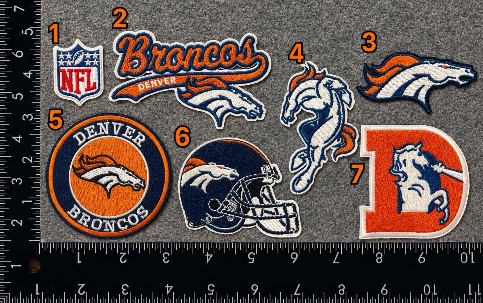 DENVER BRONCOS SET OF 7 NFL FOOTBALL IRON ON PATCHES SEE PHOTO/ RULER DENVER BRONCOS SET OF 7 NFL FOOTBALL IRON ON PATCHES SEE PHOTO/ RULER