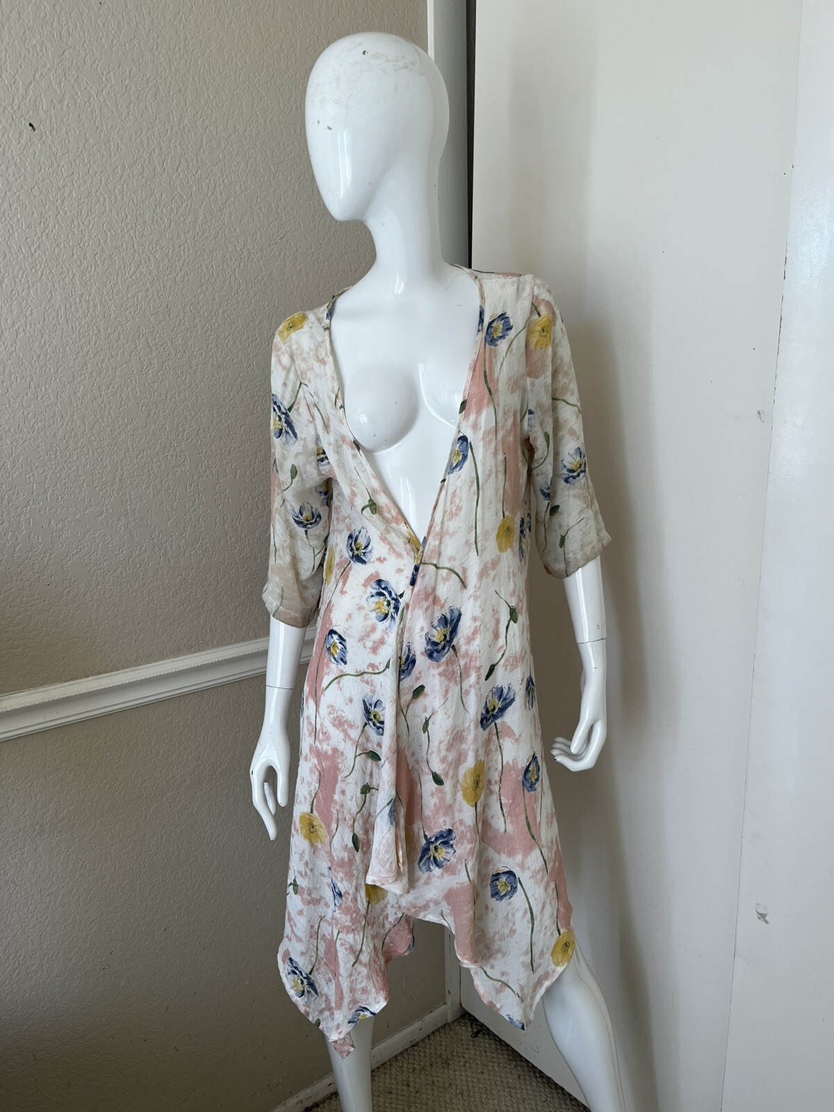 VINTAGE CONCEPT NWT Rose Pink Floral Gauzy Cotton Open Duster Long Cardigan S