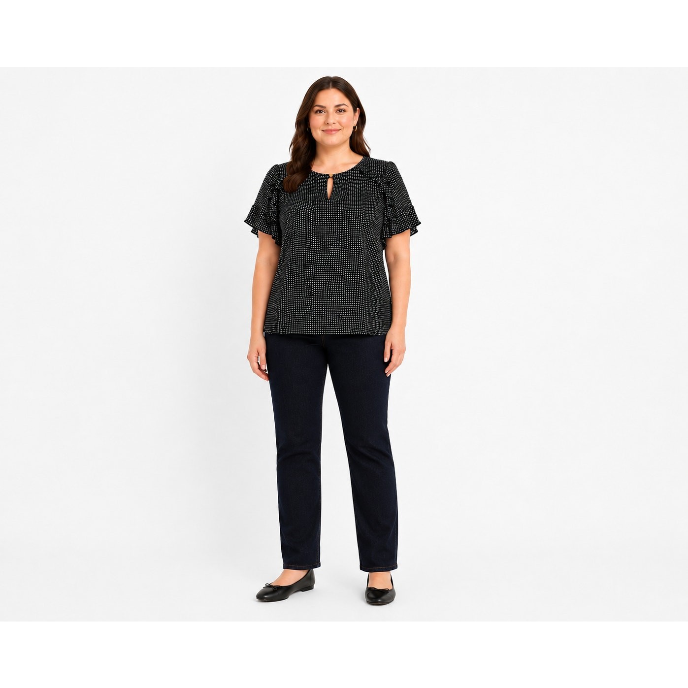 Liz Claiborne Black White Polka Dot Ruffle Sleeve Blouse, L
