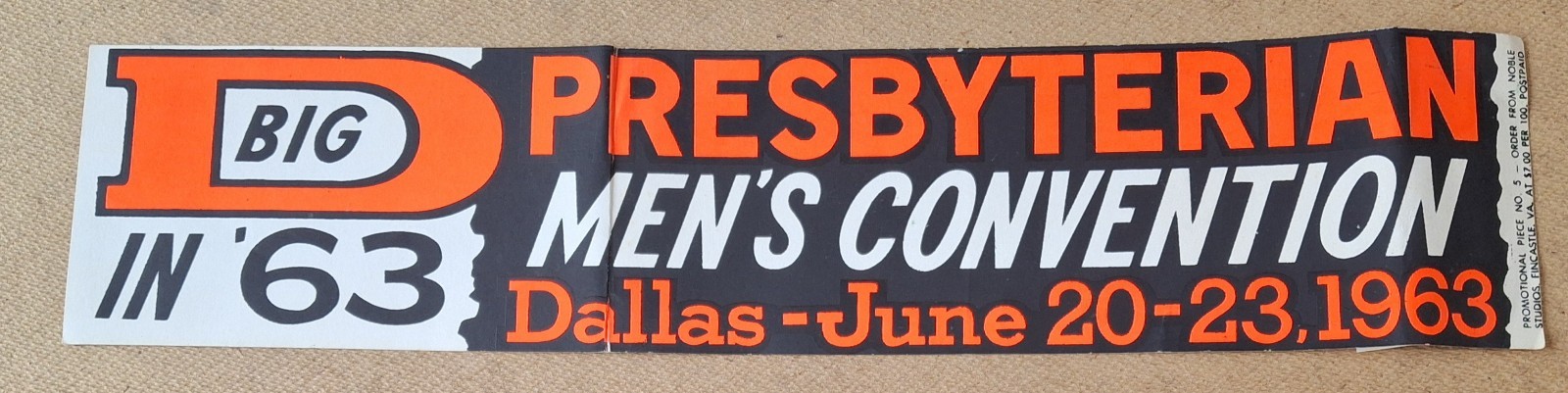 Vintage 1963 PRESBYTERIAN MEN\'S CONVENTION BUMPER STICKER Dallas Noble Studios