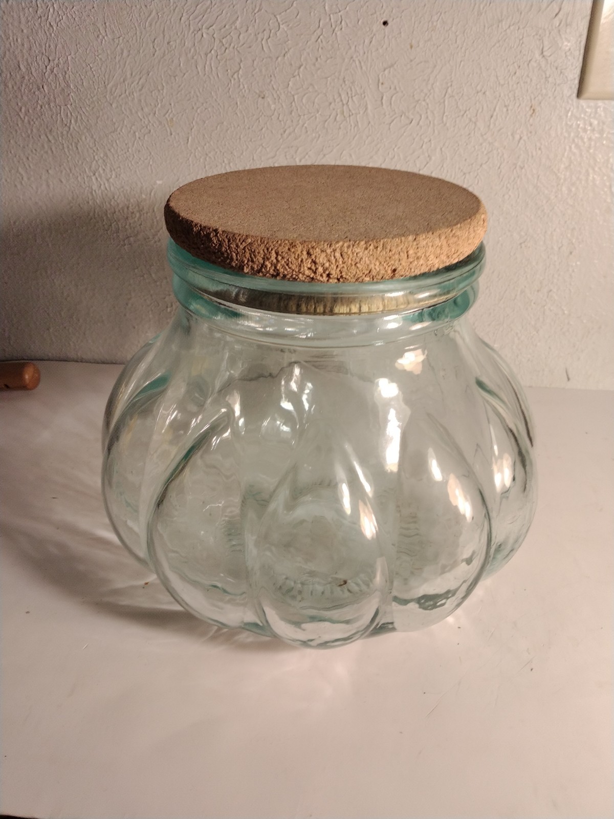 Vintage Italian Light Green Glass Pumpkin Melon Shaped Apothecary Jar w/Cork Lid Vintage Italian Light Green Glass Pumpkin Melon Shaped Apothecary Jar w/Cork Lid