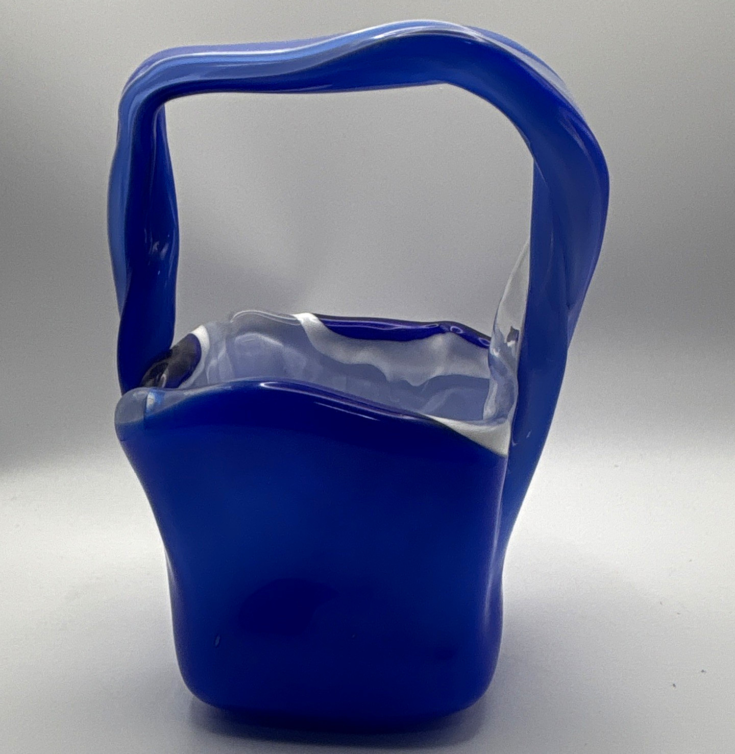 Vintage Cobalt Blue White Cased Art Glass Basket Hand Blown Murano Style