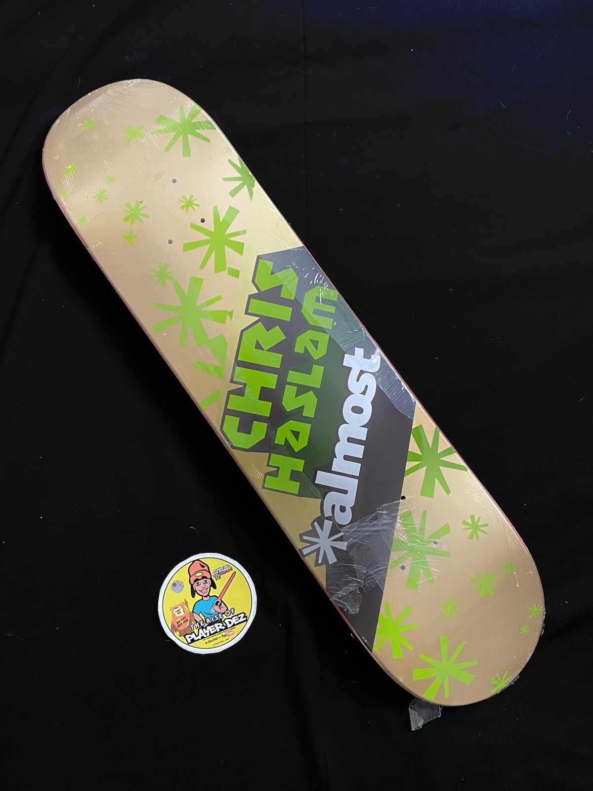 Vintage CHRIS HASLAM Almost Skateboard Deck Gold Logo Green Rare Vintage CHRIS HASLAM Almost Skateboard Deck Gold Logo Green Rare