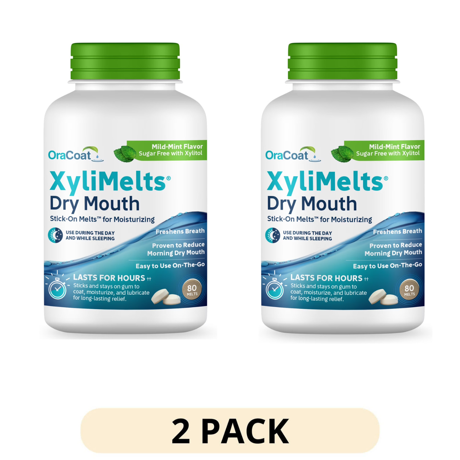 2 Pack OraCoat XyliMelts Dry Mouth Mild Mint 80 ct Bottle Moisture Relief