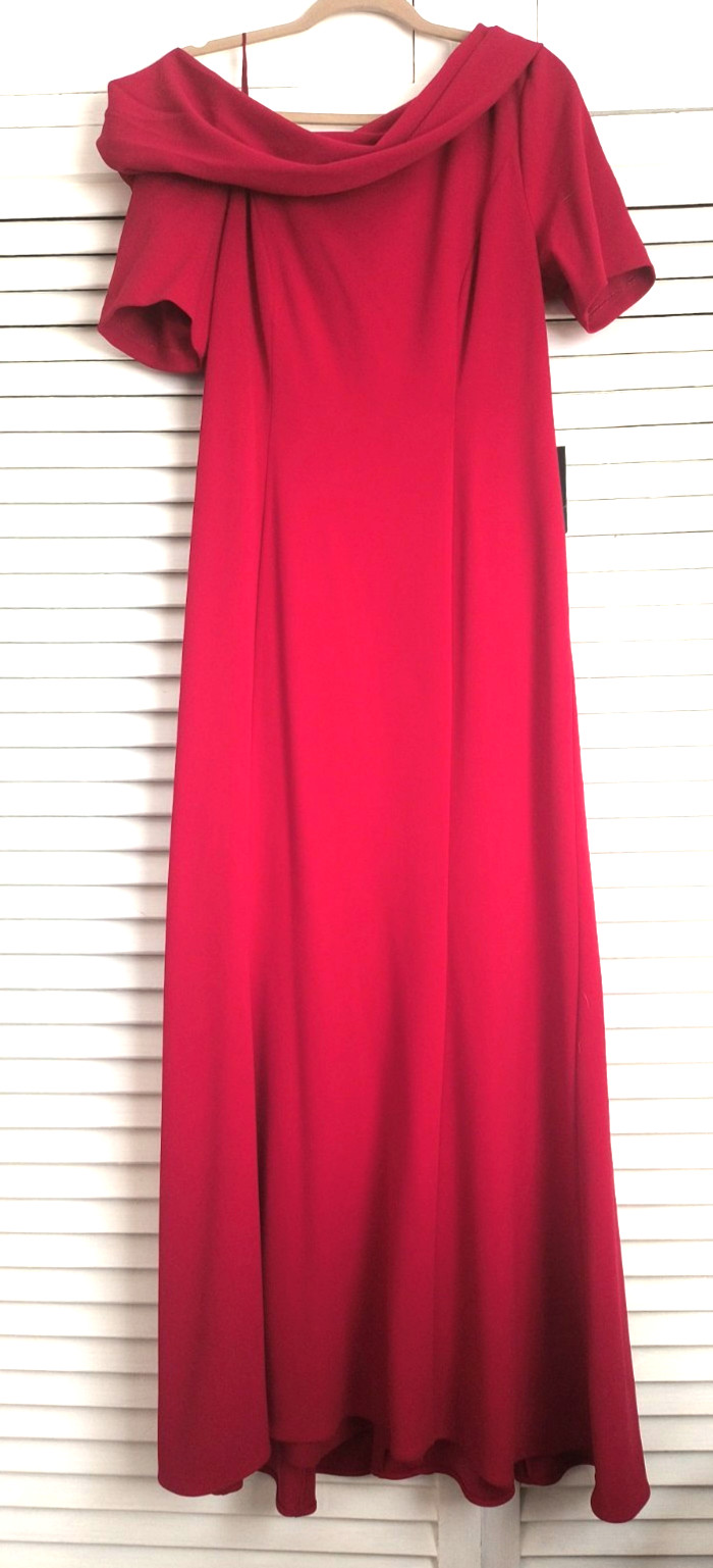  Adrianna Papell Elegant One-Shoulder Red Evening Gown short Sleeve