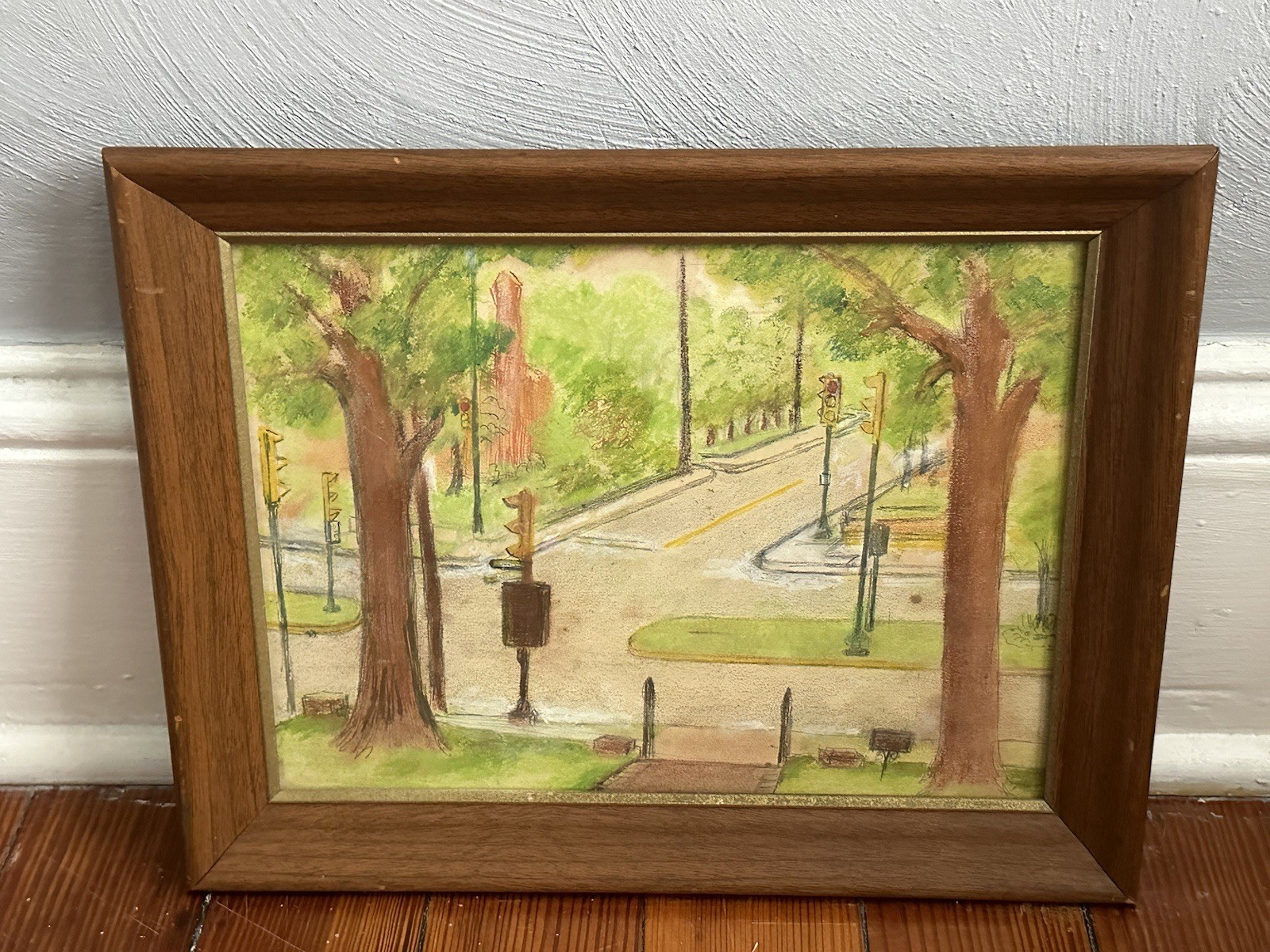 Vintage Original Art Oil Pastel And Ink Cityscape Street Americana Scene Framed Vintage Original Art Oil Pastel And Ink Cityscape Street Americana Scene Framed