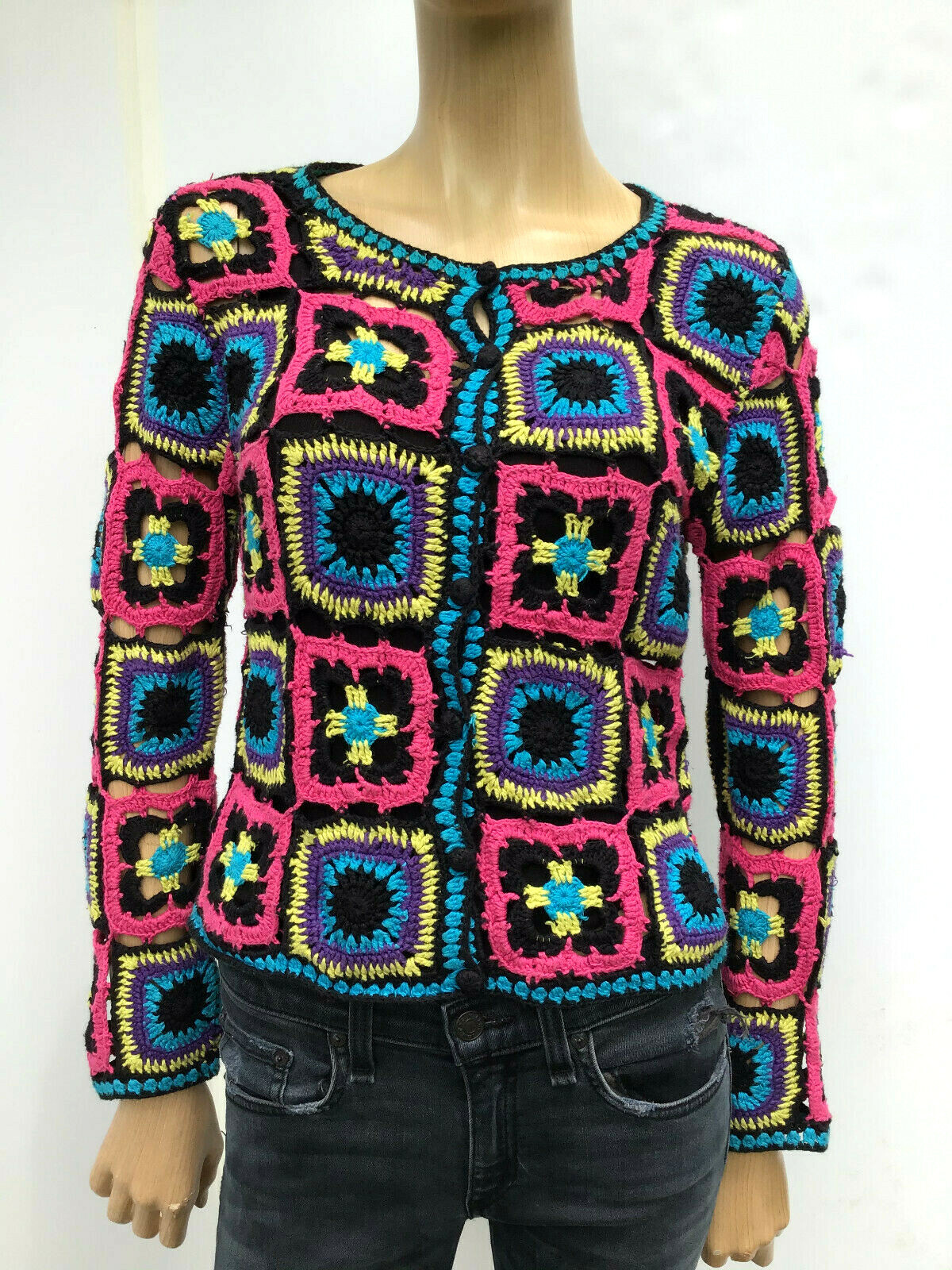 VTG Handmade Granny Square Afghan Crochet Long Sleeve Sweater Cardigan Size S
