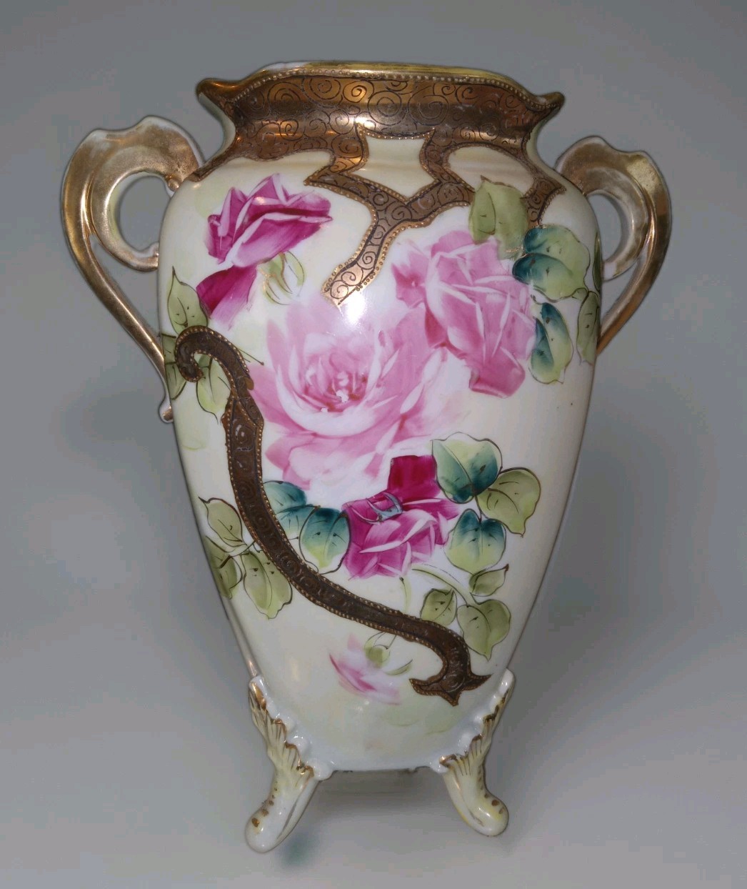 Antique Nippon Era Tashiro Shoten Pink Rose Vase Raised Moriage Hand Painted