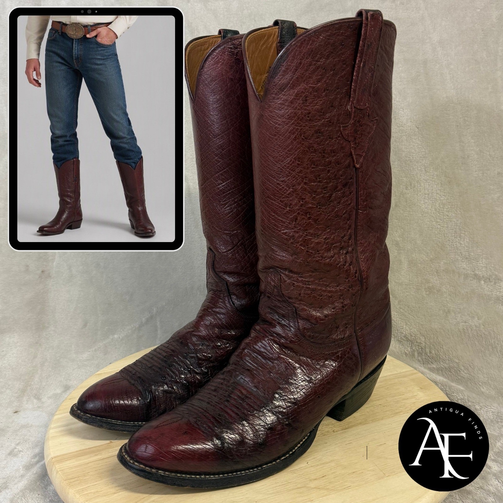 Lucchese Classics Ostrich Leg Cowboy Boots Black Cherry 9.5 D C2154 LN14 USA