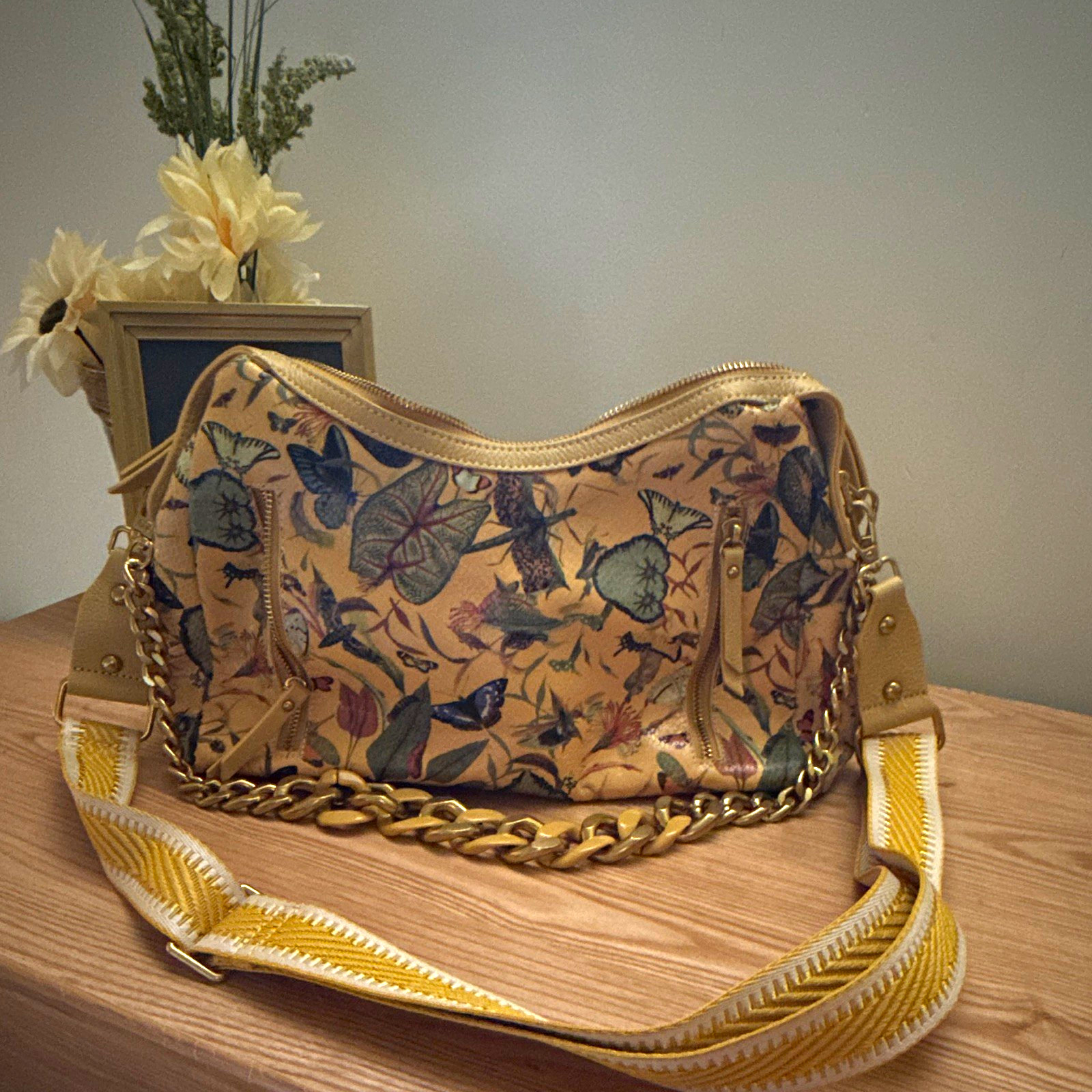 Sharif Butterfly Floral Medium Shoulder Bag Zip, Lined Pockets, Detachable Strap Sharif Butterfly Floral Medium Shoulder Bag Zip, Lined Pockets, Detachable Strap