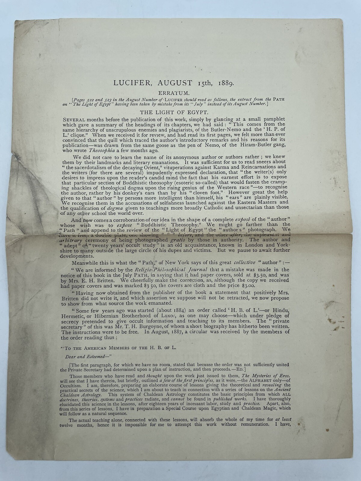 Lucifer August 15th 1889 Erratum page The Light of Egypt Occult Hermetic T H Bur