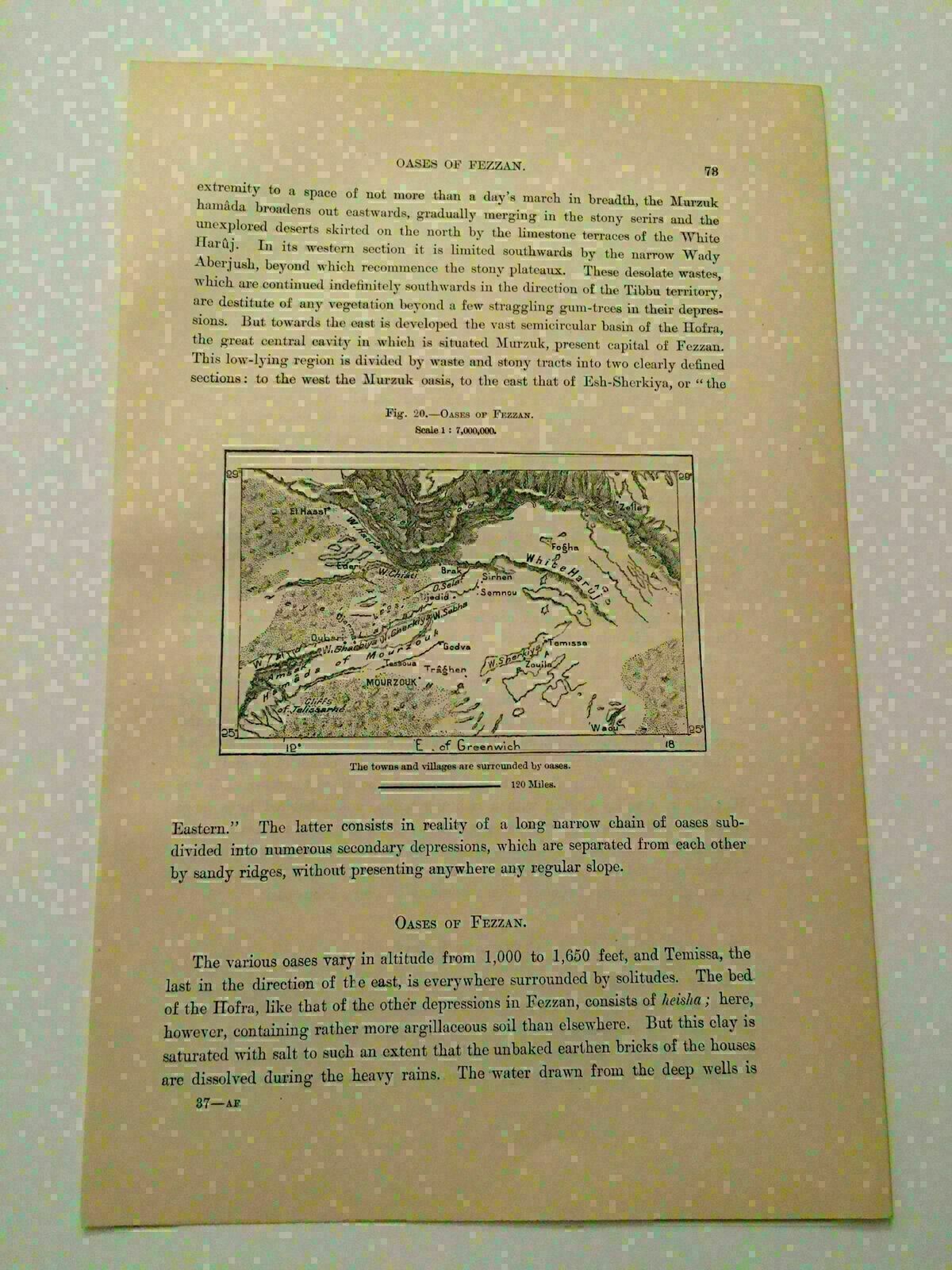 K117) Map of the Oases of Fezzan Libya 1887 Engraving