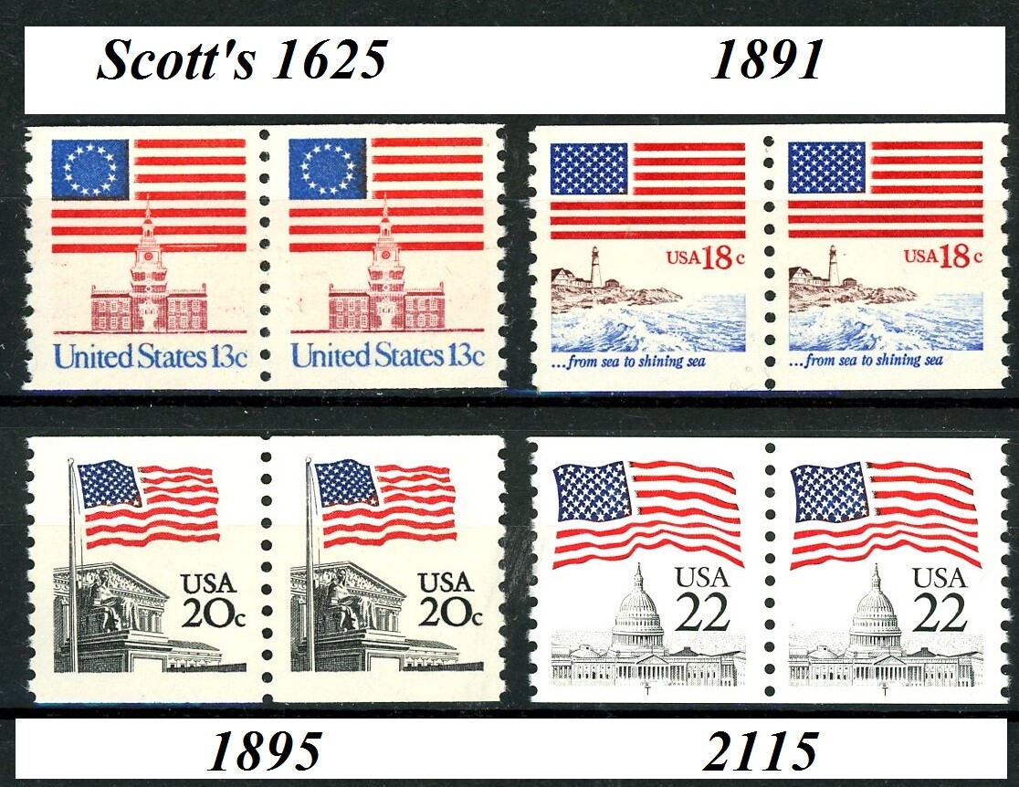1st-Class Flag Coil PAIRS from 1975 to 1988 Scott\'s 1625 1891 1895 & 2115 MNH