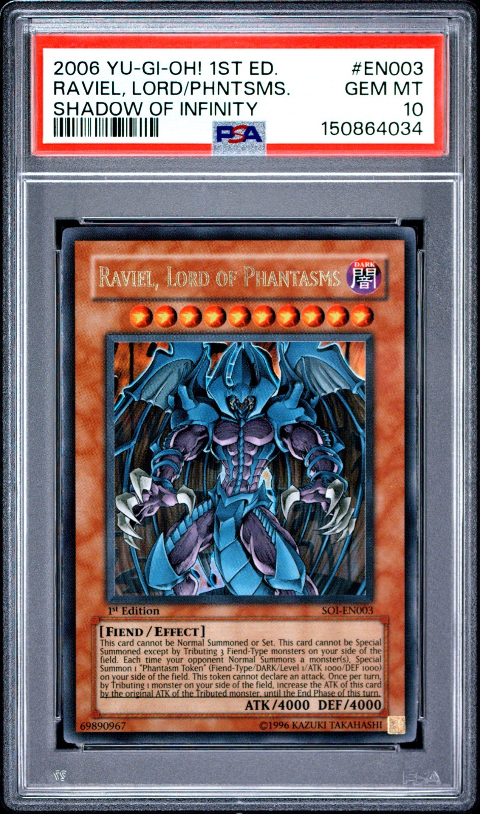 2006 YU-GI-OH SOI-EN003 RAVIEL, LORD OF PHANTASMS 1ST ED PSA 10