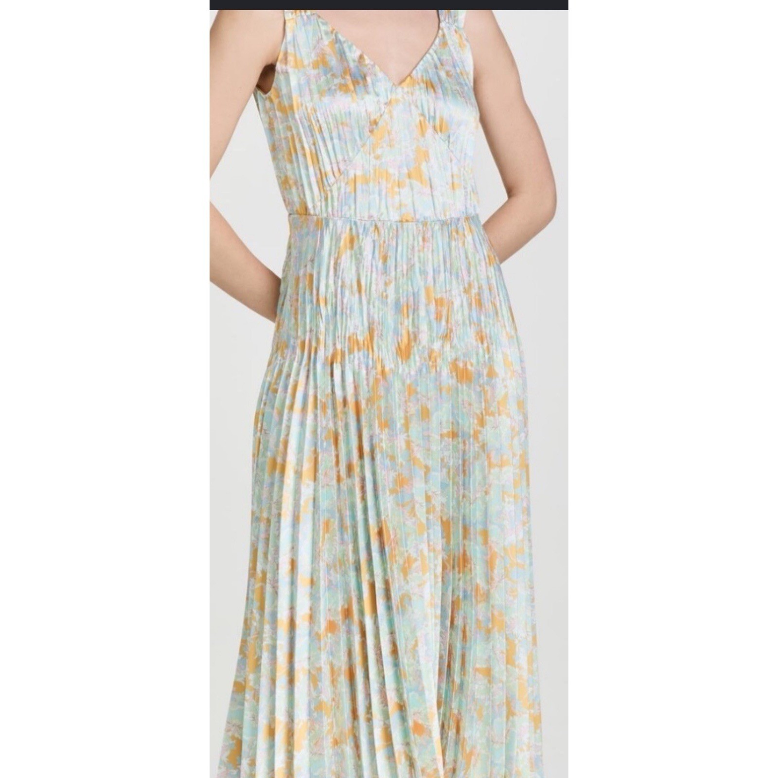 Vince NWT Lotus V-Neck Pleated Slip Dress Size 1X  in Green/Yellow/Multicolor