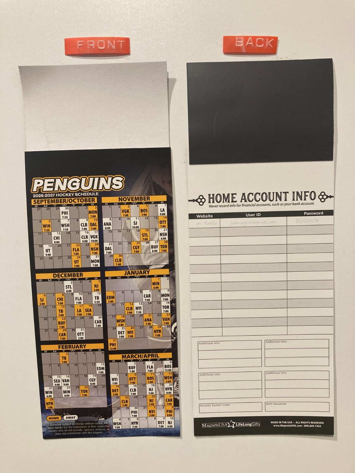 NHL 2026-27 PITTSBURGH PENGUINS PARTIAL MAGNET SCHEDULE TEAMS, DATES & TIMES-NEW NHL 2026-27 PITTSBURGH PENGUINS PARTIAL MAGNET SCHEDULE TEAMS, DATES & TIMES-NEW