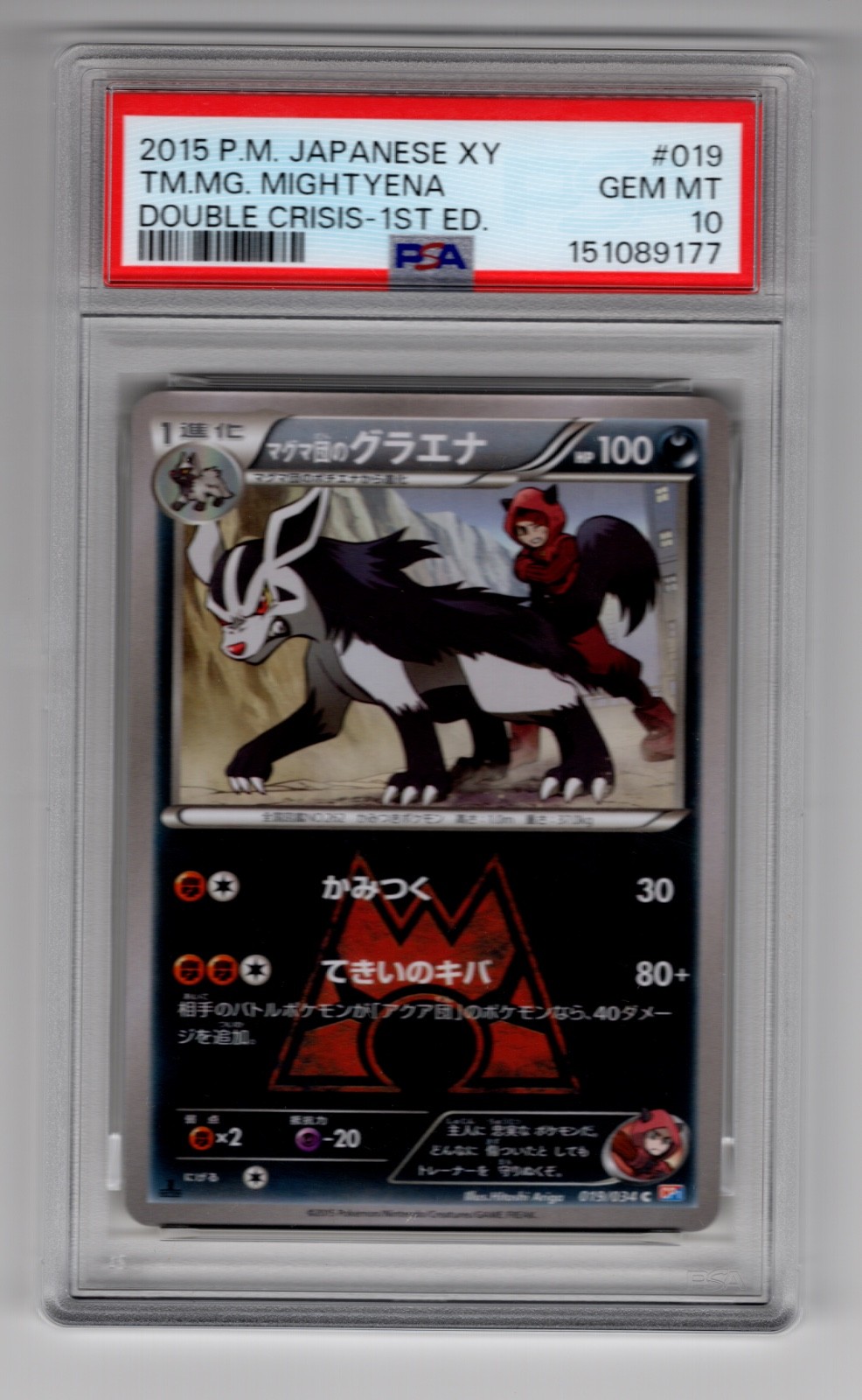 2015 POKEMON JAPANESE XY DOUBLE CRISIS 1ST EDITION TEAM MAGMA\'S MIGHTYENA PSA 10