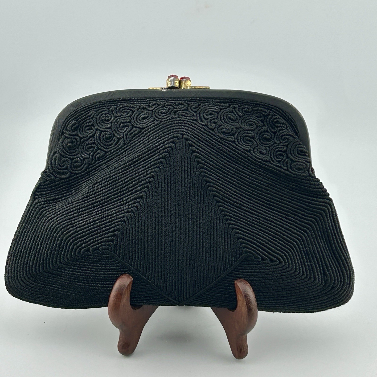 Black Corde Rayon Evening Purse Jewel Kisslock SIMPRO 1940s VTG Spiral Cording