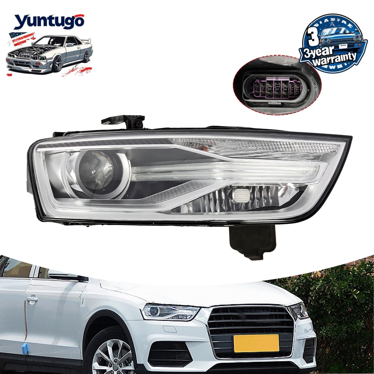 HID/Xenon Headlight Assy Right Passenger For 2016-2018 Audi Q3 W/ Bulb & Ballast
