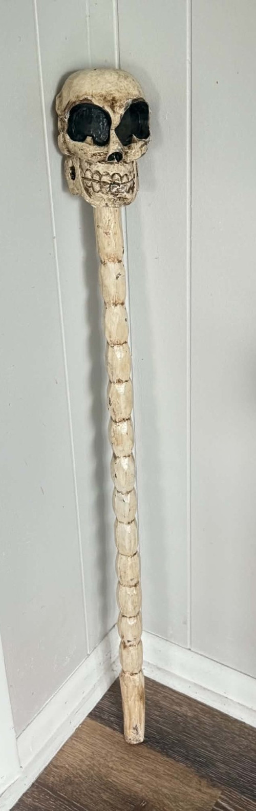 Vintage Hand Carved Wood Skull Staff Walking Stick Folk Art Memento Mori 41.5\