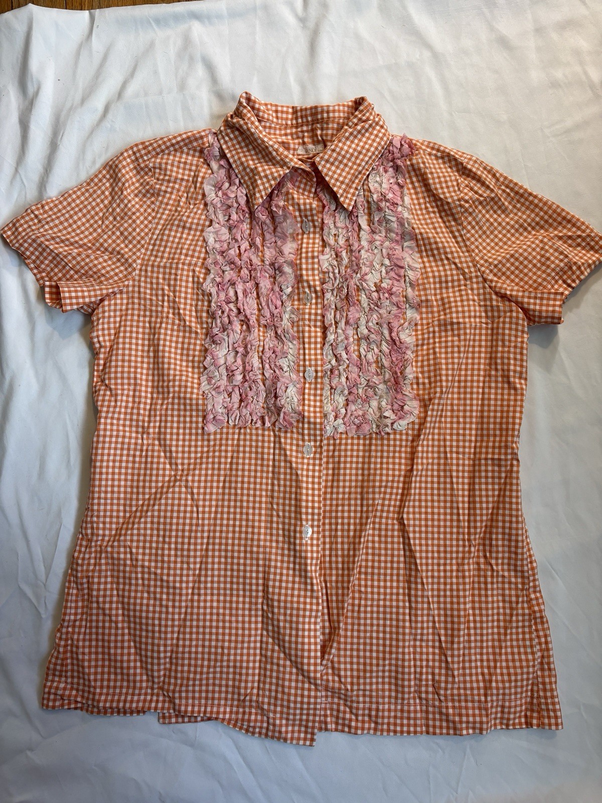 Dosa Short Sleeve Button Up Orange Gingham Pink Front Ruffles Sz1