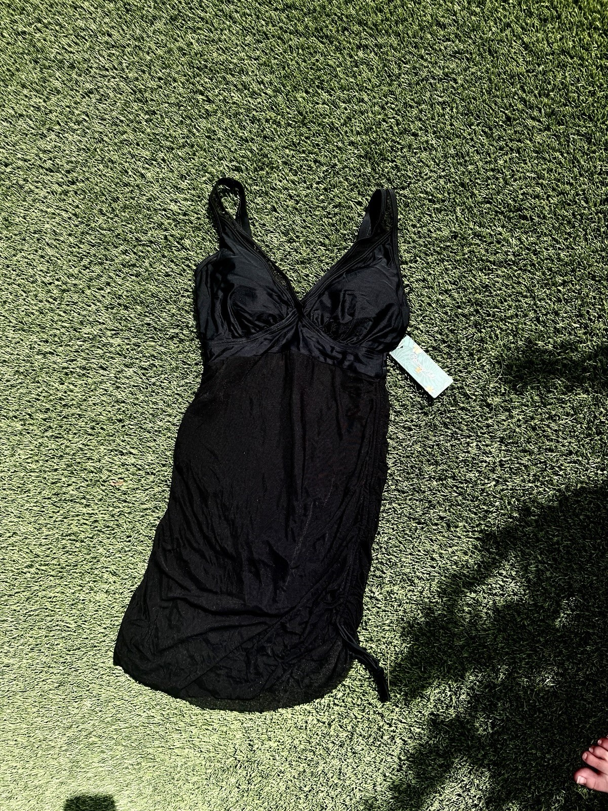 NWT Black Mesh One Piece Swimdress Drawstring Ruched Swimsuit Tummy Control NWT Black Mesh One Piece Swimdress Drawstring Ruched Swimsuit Tummy Control