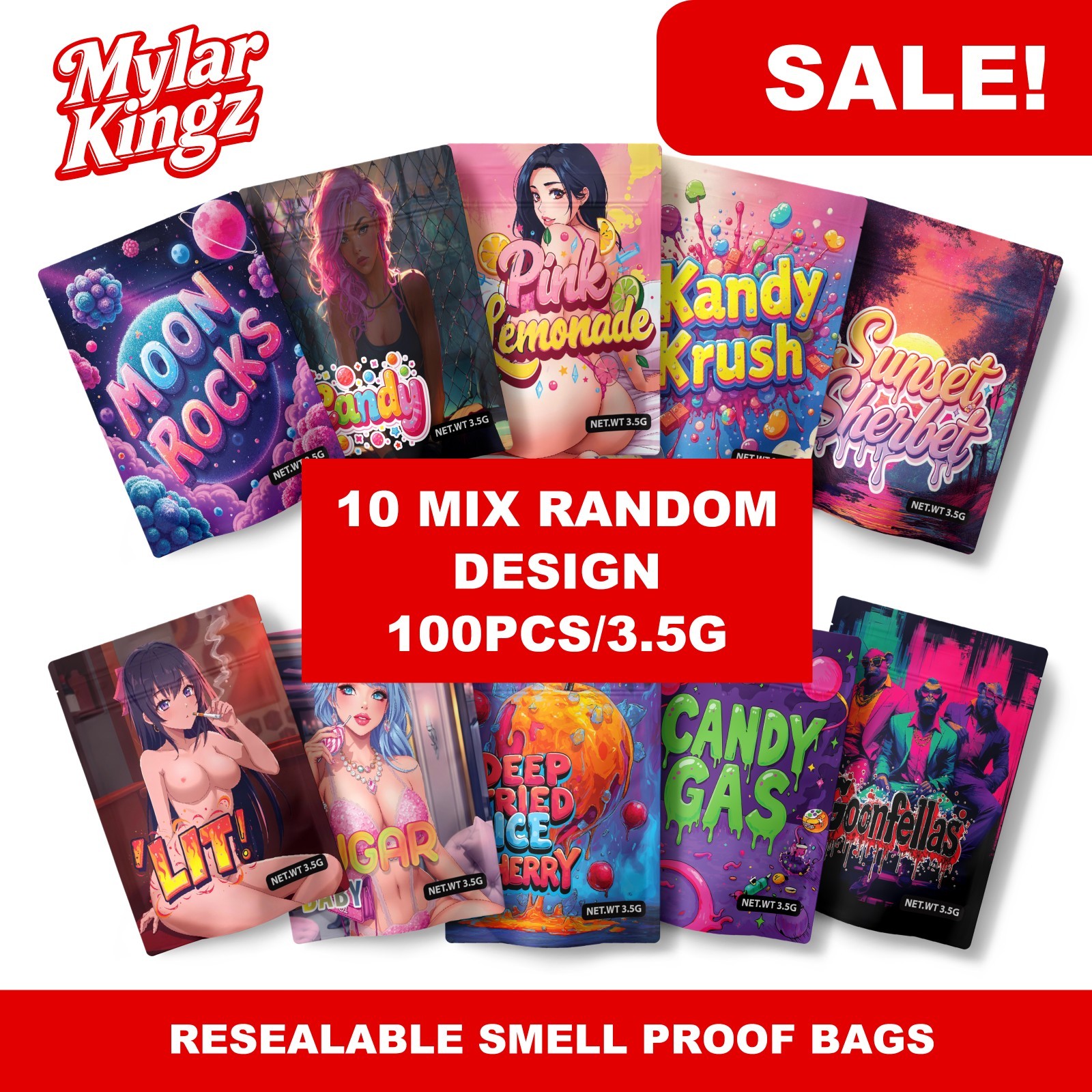 Mylar3.5 bags 10 OR MORE RANDOM DESIGNS 3.5gram 100PCS/PACK ZIPPER SMELL-PROOF