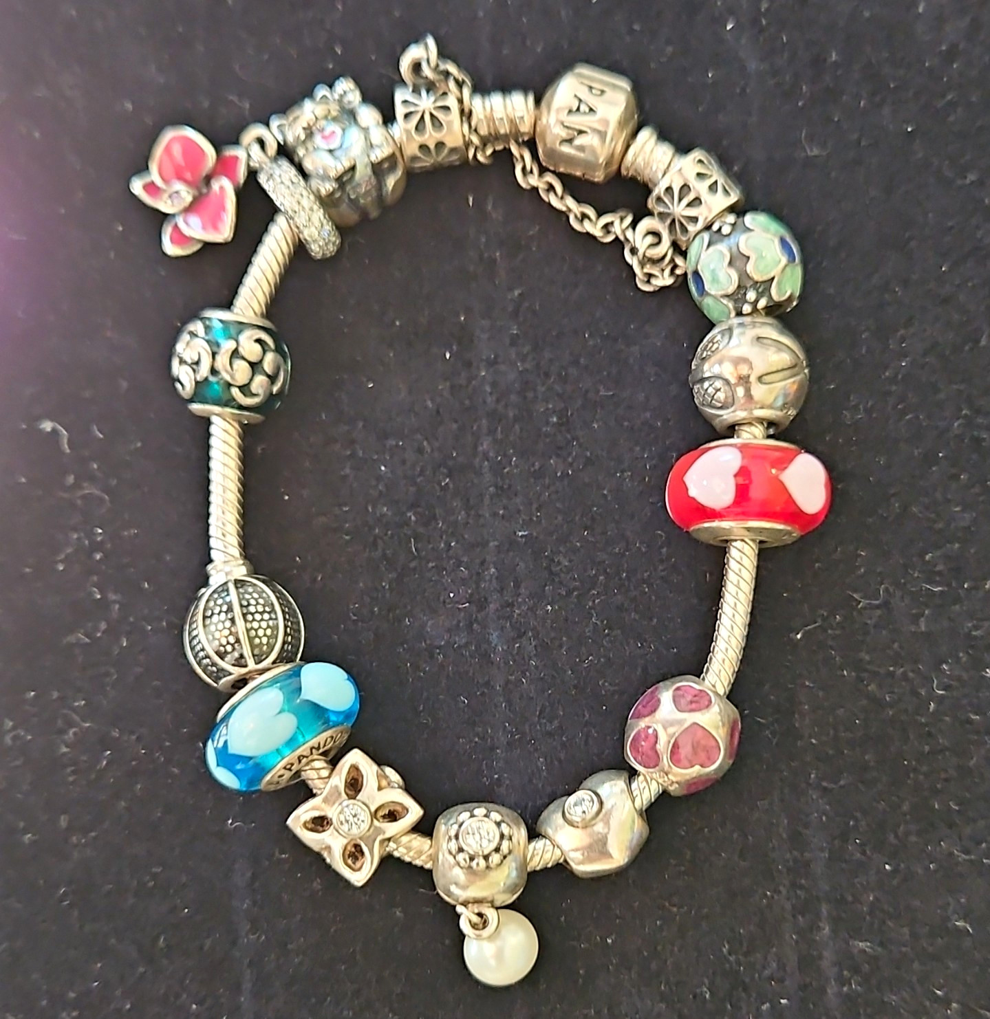 PANDORA Signed Snake Chain Charm Bracelet Bead Charms Barrel Stackable PANDORA Signed Snake Chain Charm Bracelet Bead Charms Barrel Stackable