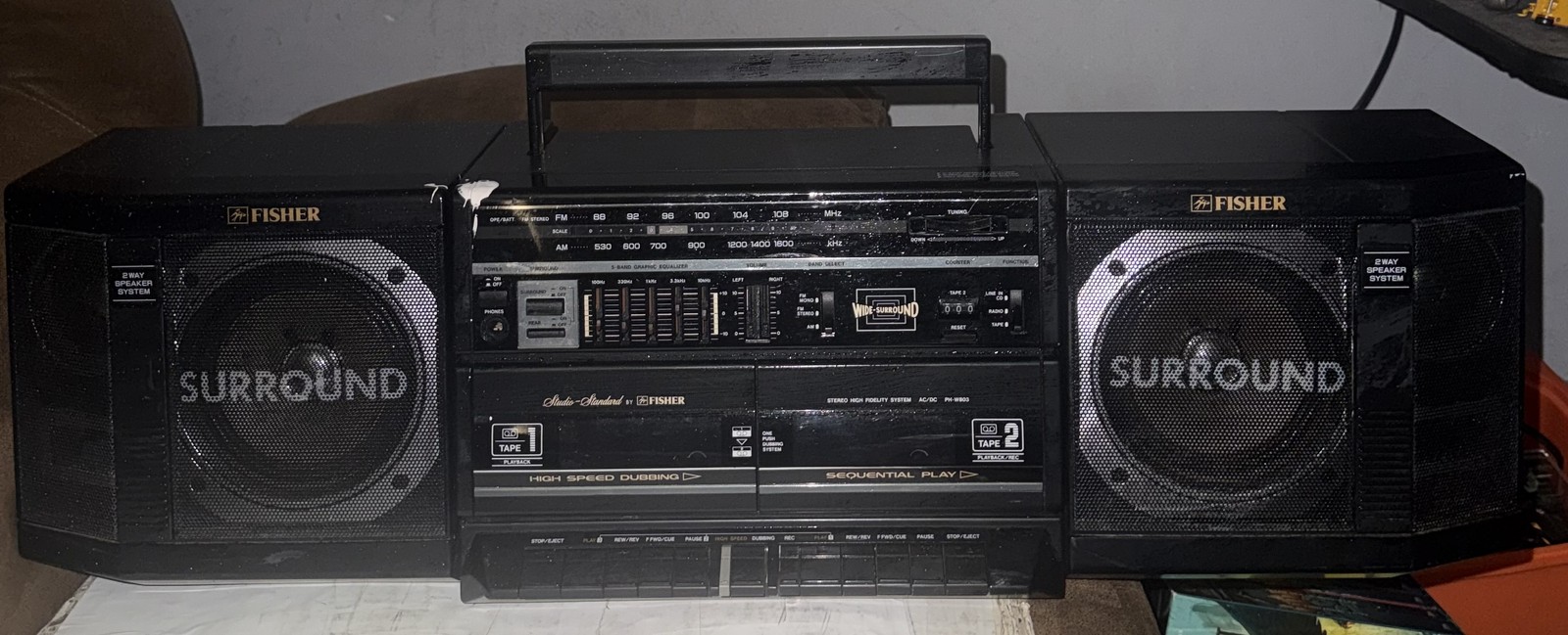 NEEDS REPAIR Vintage Fisher Stereo System Black PH-W803 Boombox AM FM Dual Tape