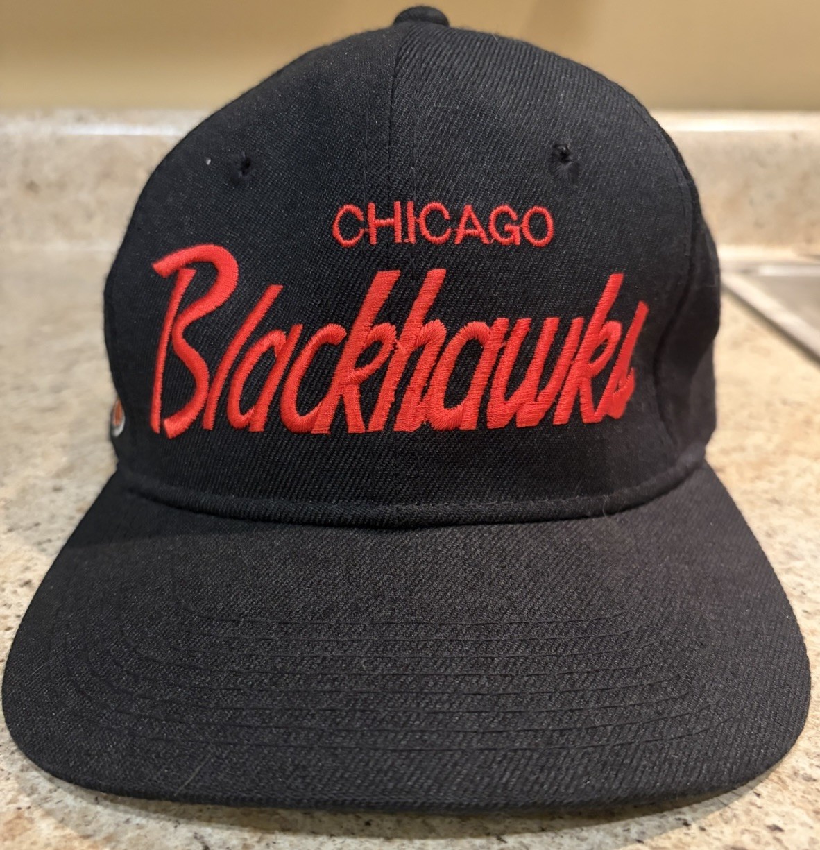 Vintage Chicago Blackhawks Script Logo Hat Snap Back Sports Specialties Black
