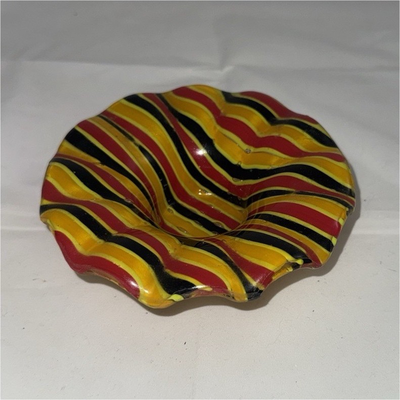 Red, yellow, and black vintage Murano-style hand-blown art glass ruffle dish Red, yellow, and black vintage Murano-style hand-blown art glass ruffle dish
