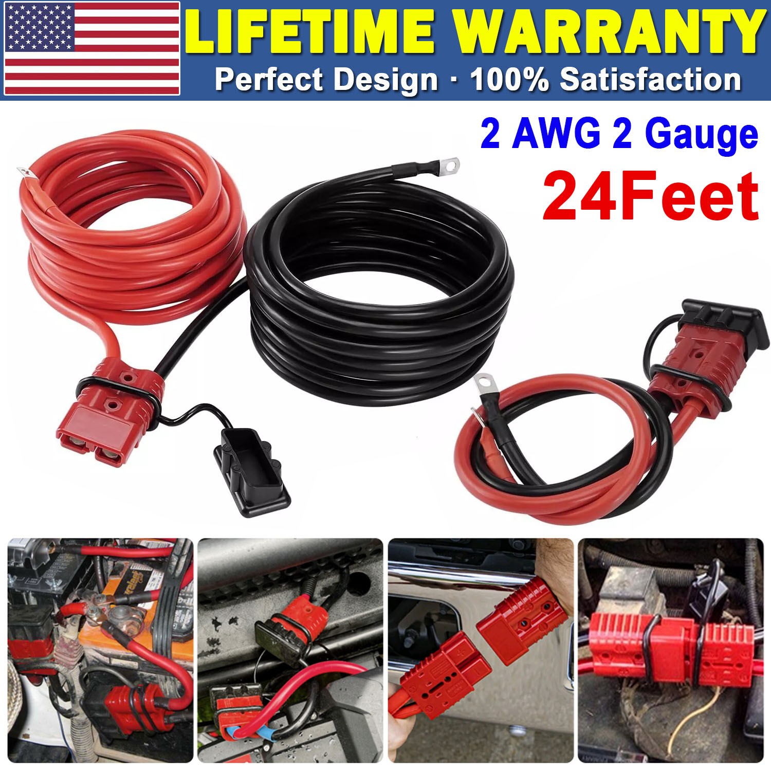 24FT Quick Disconnect Winch Power Cable, 2 AWG 2 Gauge Wiring For Winch Trailer