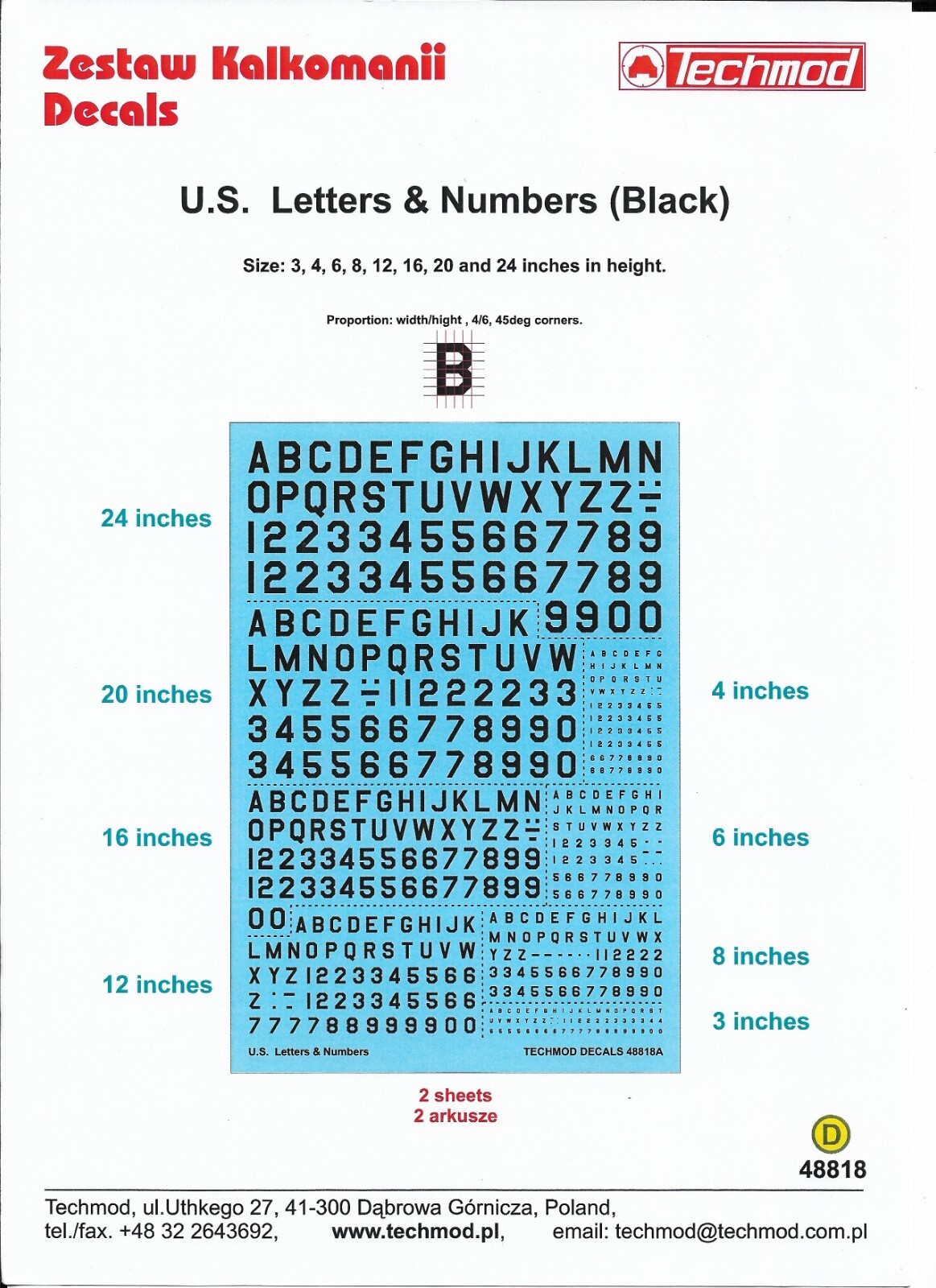 TM48818 Techmod 1:48 Black U.S. Letters & Numbers (X2 Sheets)