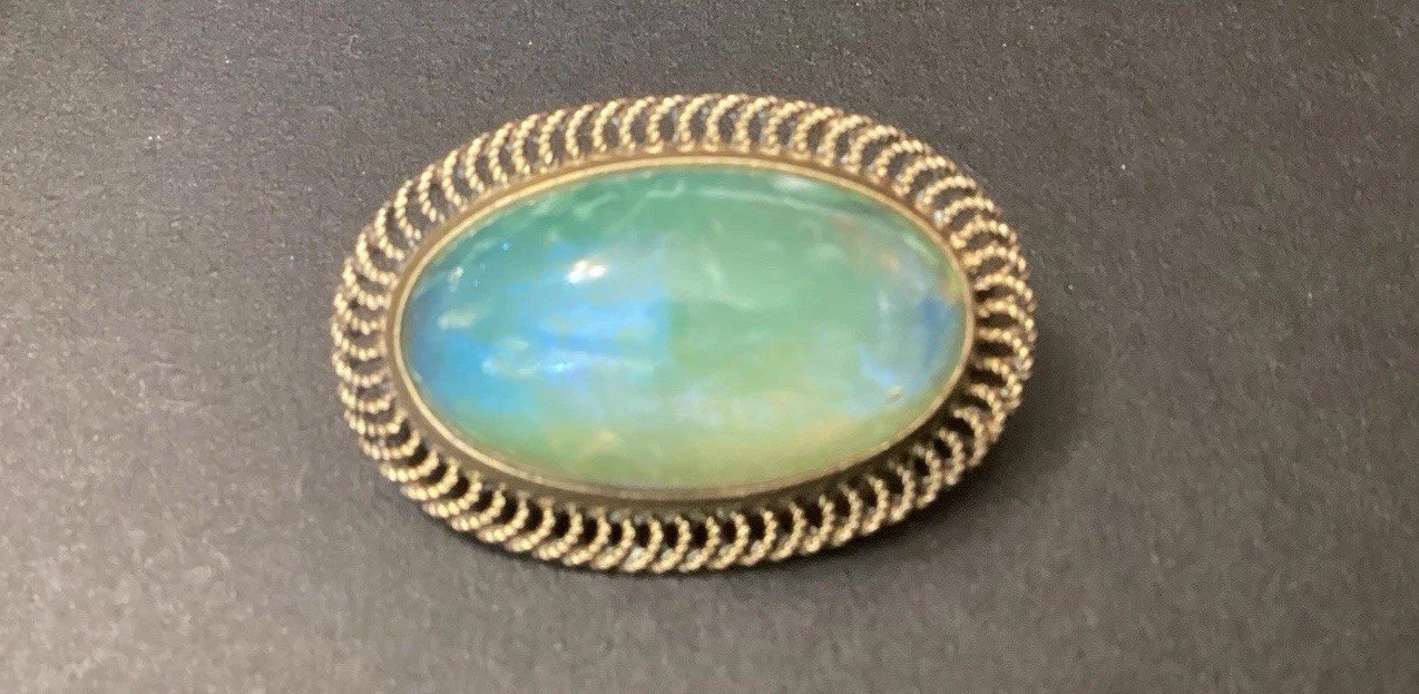 Opal Large Antique Brooch Yellow Gold Tone Pin with Old 30mm Stone